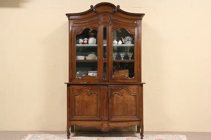 Country French Carved Pine 1850 Antique China Cabinet