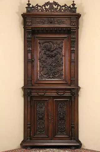 Renaissance Carved 1890 French Corner Cabinet, Carved Lions & Dragons