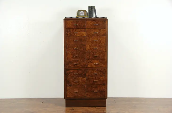 Art Deco 1925 Burl 18 Drawer File Cabinet Chest, Marshall Field Chicago