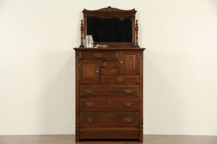 Victorian Eastlake Oak 1880's Antique Tall Chest or Highboy, Beveled Mirror