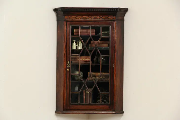 English Antique Georgian 1860 Hanging Corner Cabinet, Dentil Molding, Wavy Glass