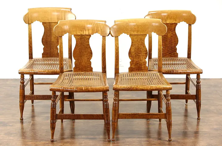 Set of 4 Antique 1830 Tiger Birdseye Curly Maple New England Dining Chairs
