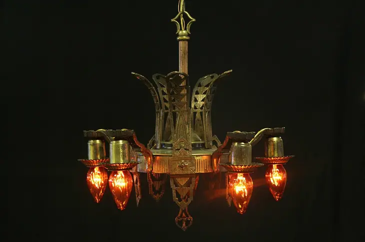 Art Deco 1930 Antique Bronzed 5 Light Chandelier