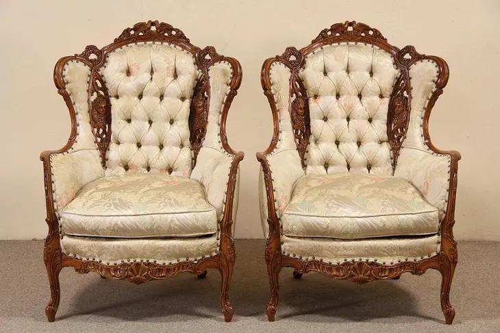 Pair Carved Birds & Angels 1940's Vintage Wing Chairs