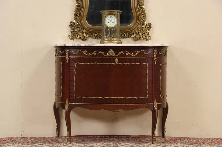 Marble & Marquetry 1930's Vintage Italian Demilune Console