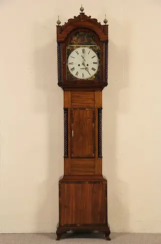Georgian English 1780 Antique Signed Grandfather Clock, Painted 4 Elements Dial