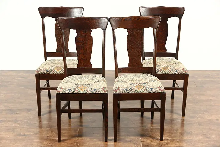 Set of 4 Quarter Sawn Oak Antique 1900 Dining Chairs, New Upholstery