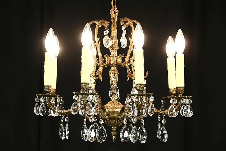 Chandelier, Vintage Brass with 8 Candles, Cut Prisms