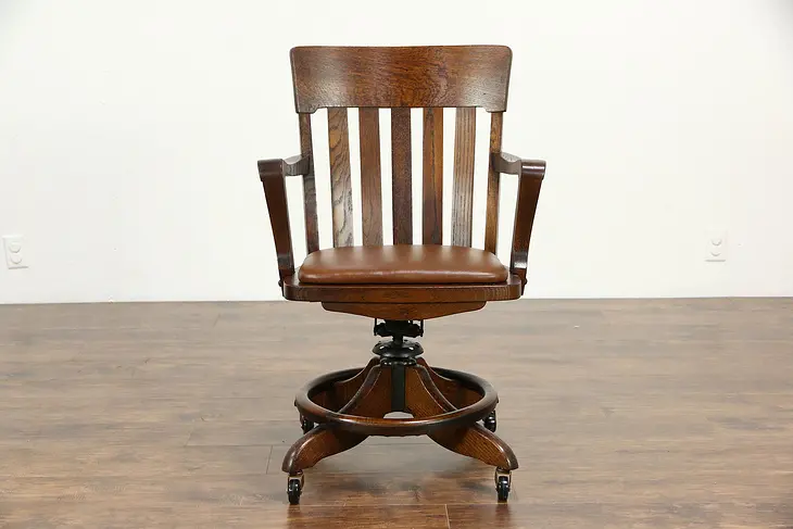 Oak Swivel Adjustable Antique Desk  Chair with Arms, Leather Seat