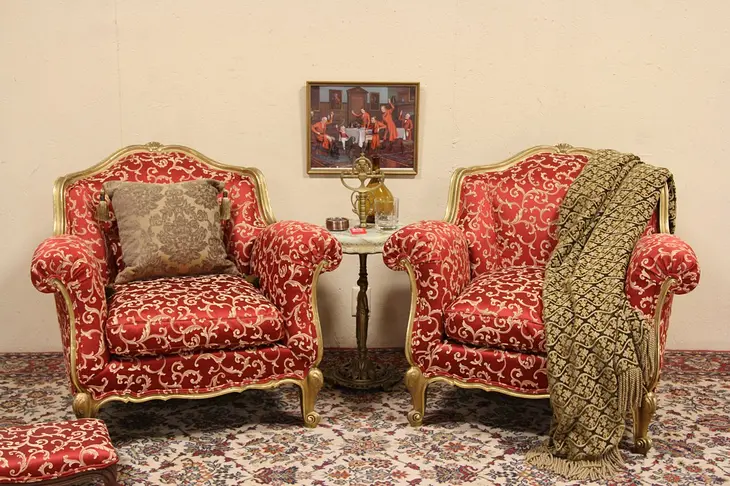 Pair of Gold 1915 Italian Salon Armchairs, Down Cushions