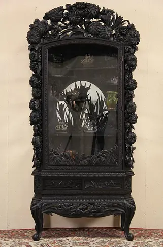 Japanese 1920's Carved Lacquer Curio China Display Cabinet