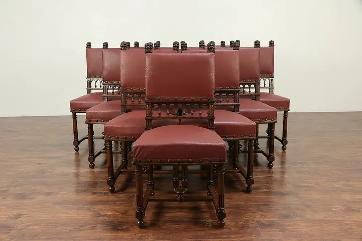 Set of 12 Antique Walnut Dining Chairs, Carved Lion Heads, Italy  #29285