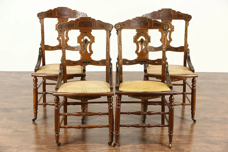 Set of 4 Victorian Eastlake 1880 Antique Carved Walnut Dining or Game Chairs