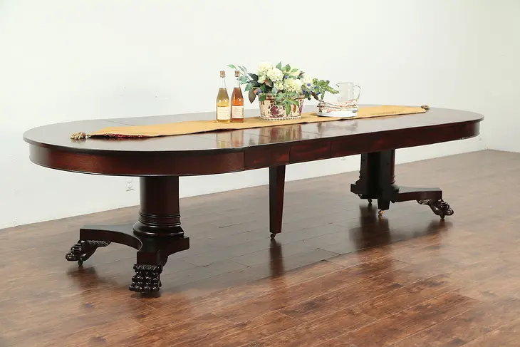Empire Mahogany Antique Round Dining Table, Lion Paws, Extends 10' 6"  #29104