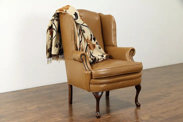 Traditional Leather Vintage Wing Chair with Nailheads, North Carolina #30873