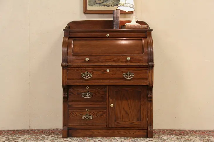 Oak 1900 Antique Cylinder Roll Top Secretary Desk