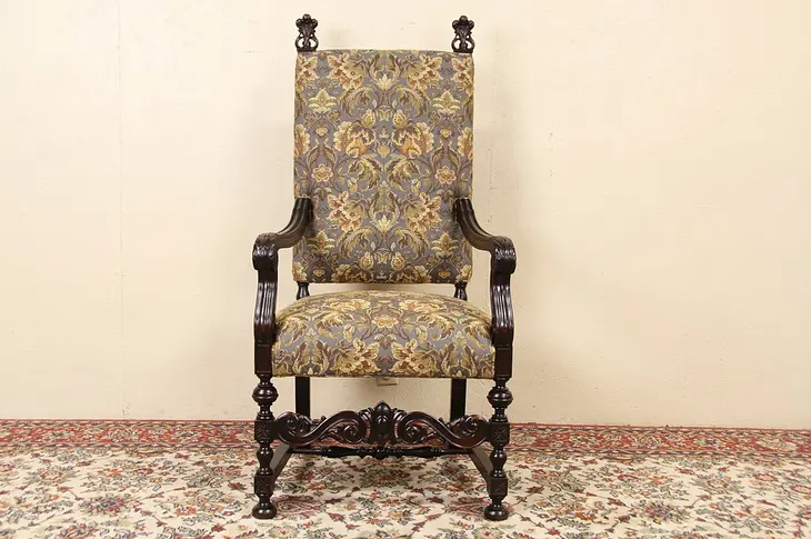 Throne or Hall Chair, Hand Carved 1900 Antique, Newly Upholstered
