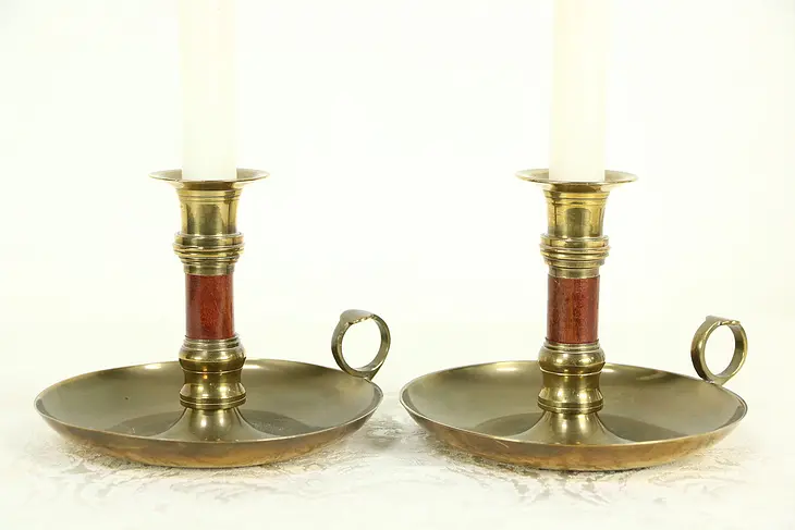 Pair Vintage Brass Chamber Candle Sticks, Mahogany Shanks