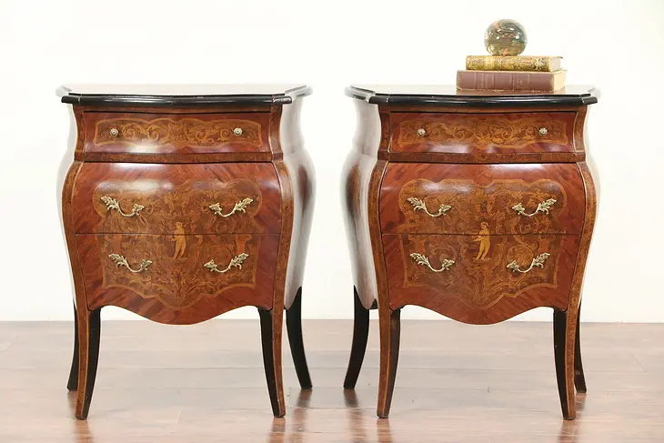Pair Bombe Angel or Cherub Marquetry Small Chests or Nightstands, Italy #29363