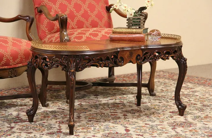 French Style Carved 1940's Coffee or Cocktail Table, Marquetry Top