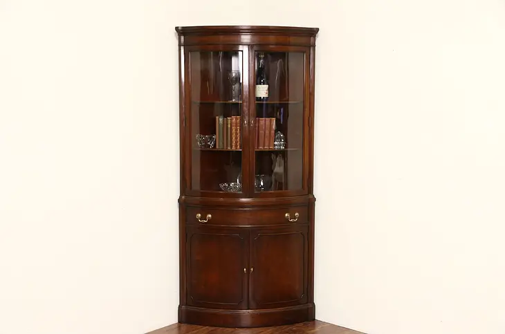 Georgian Vintage Mahogany Curved Glass Corner Cabinet, Signed Landstrom