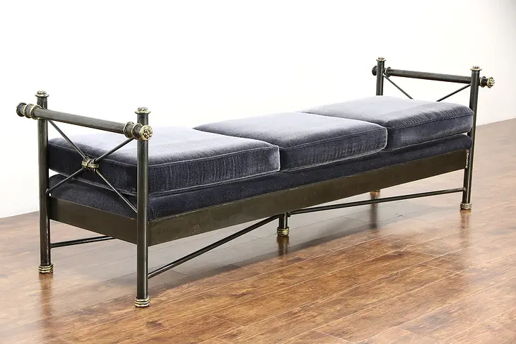 Classical Iron & Brass Vintage 8' Bench or Day Bed, Mohair Cushions