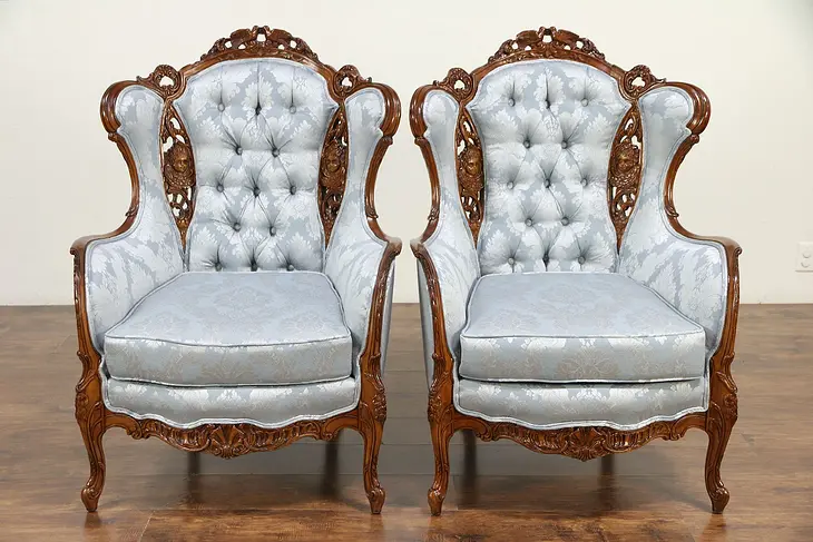 Pair Vintage Wing Chairs Carved Love Birds & Angels, New Upholstery #30146