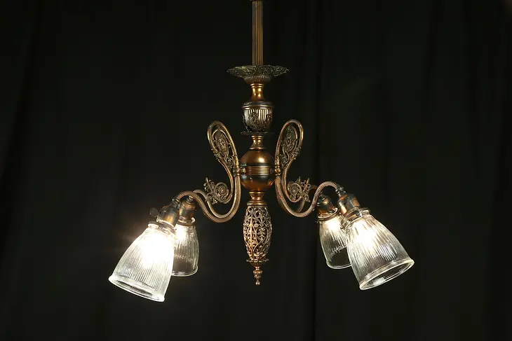 Victorian Antique Filigree Copper over Brass Chandelier, 4 Glass Shades #30683