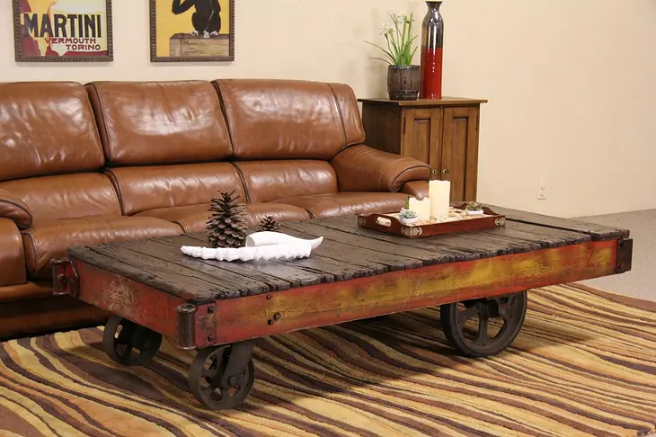 Industrial 1900's Antique Railroad Oak Cart or Coffee Table