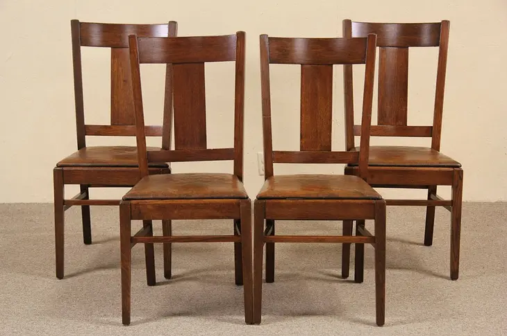 Set of 4 Arts and Crafts Mission 1910 Antique Oak Dining or Game Chairs, Leather