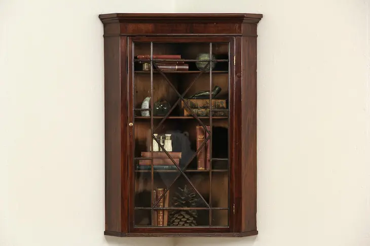 English Antique Georgian 1880 Hanging Corner Cabinet, Wavy Glass