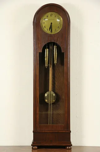 German Signed 1920 Antique Oak Grandfather Long Case Clock
