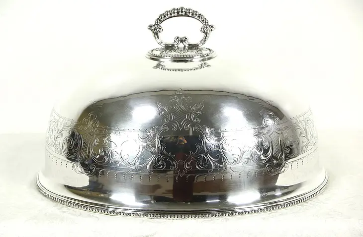 English Antique Silverplate 18" Engraved Turkey or Roast Serving Dome