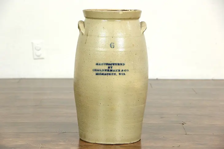 Butter Churn, Antique Stoneware signed Chas. Hermann, Milwaukee