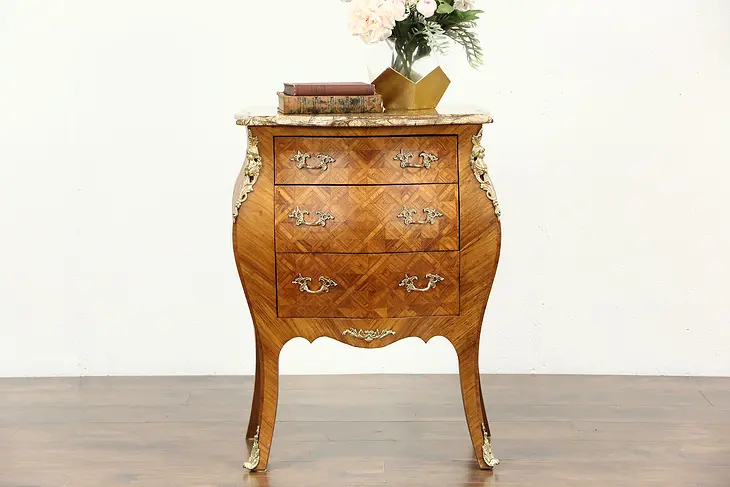 French Bombe Tulipwood Marquetry Vintage Chest or Commode, Marble Top