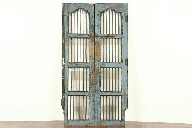 India Antique Architectural Salvage Pair 22" Gray Doors, Iron Bars, Wine Cellar