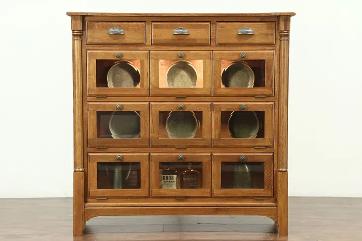 Oak Vintage China Display Cabinet, Lighted, Beveled Glass, Richardson Bros