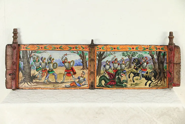 Sicilian Donkey Cart Antique Panel Fragment, Hand Painted Battle Scenes #29778