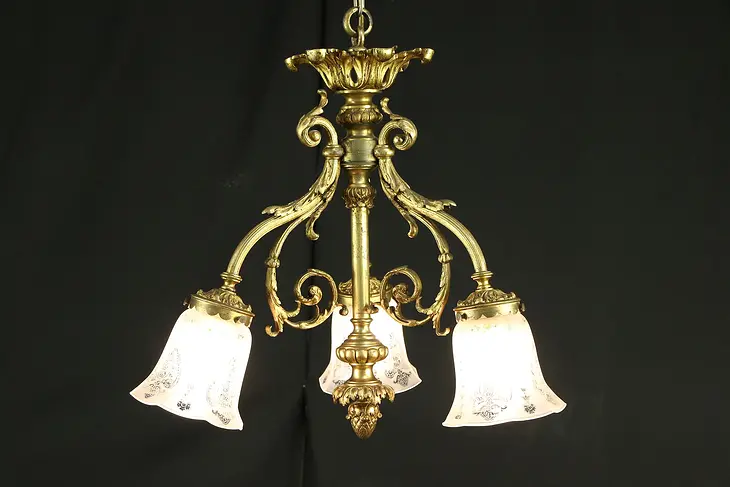 French Bronze Antique 3 Light Fixture Chandelier, Etched Shades #30577