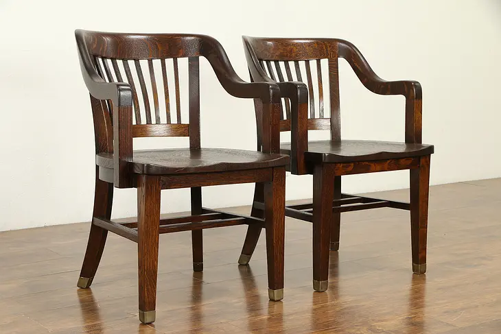 Pair of Quarter Sawn Antique Oak Banker, Office or Library Chairs Crocker #31588