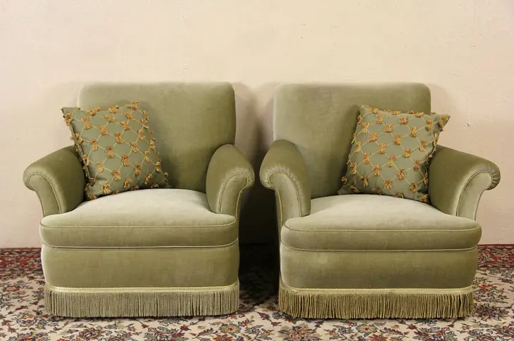 Pair of Mohair 1940's Vintage Scandinavian Club Chairs, Original Fringe