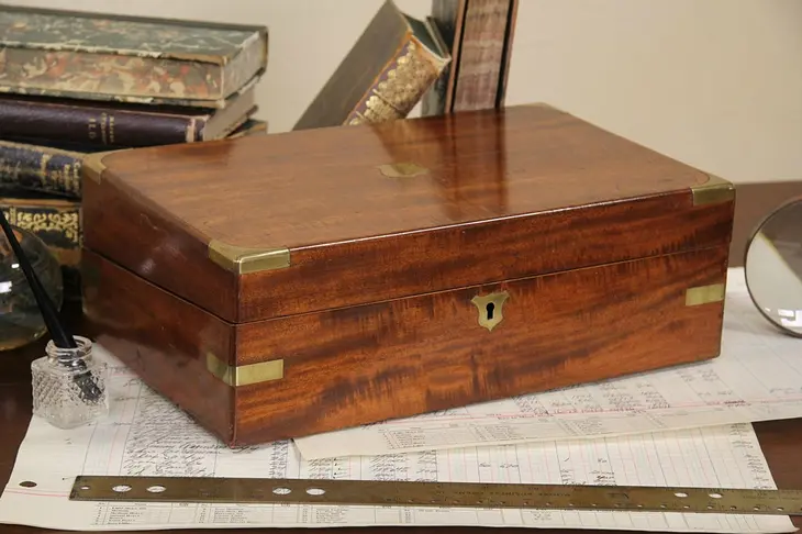English 1870 Antique Mahogany & Brass Writing or Document Box
