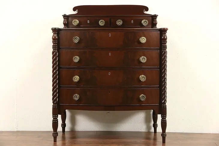 Sheraton 1820's Antique Mahogany Bow Front Chest or Dresser