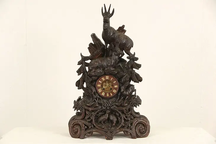 Black Forest 1880's Antique Walnut Clock, Carved Deer, Signed Bern, Switzerland