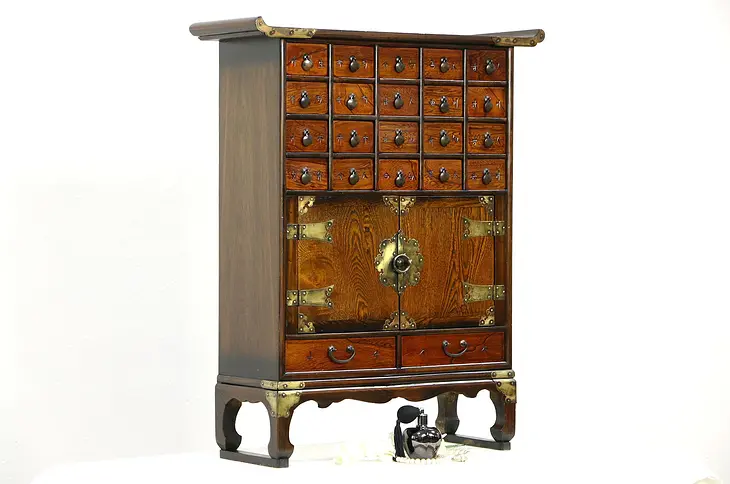 Apothecary Korean Traditional Cabinet or 22 Drawer Jewelry Chest, Carved Ash