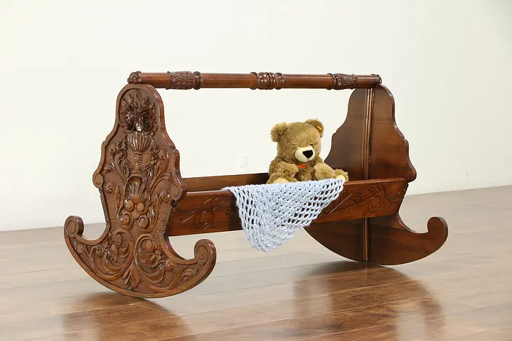 Italian Antique Hand Carved Walnut Rocking Baby Cradle Bed #30479
