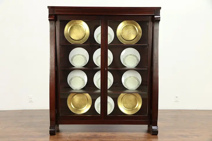 Empire Antique Mahogany Bookcase China Cabinet, Wavy Glass #30521