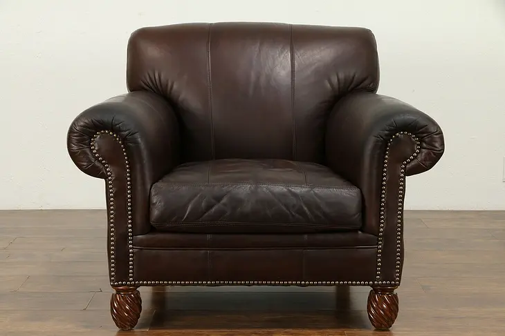 Leather Vintage Club Chair, Brass Nailhead Trim, Signed Classic #31433