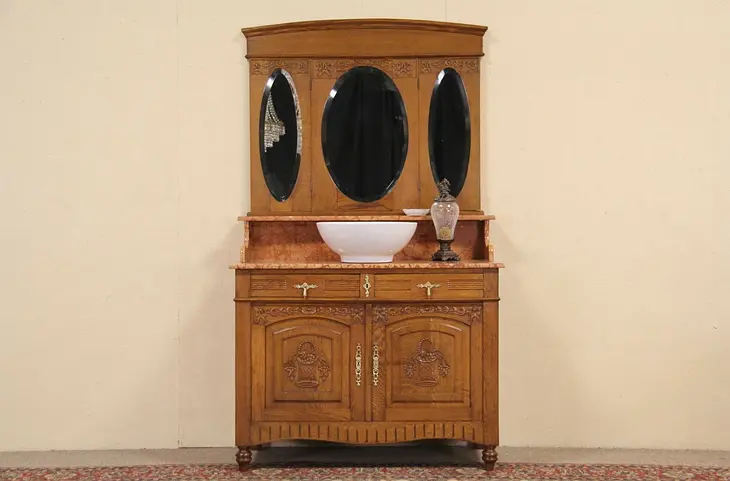 Marble Top 1895 Antique Dresser, Bar, Server or Vessel Sink Vanity