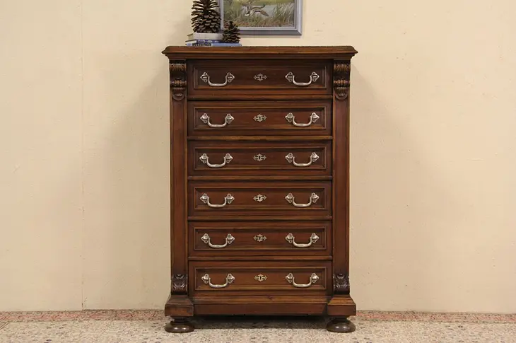 Tall Chest or Highboy, 1890 Marble Top Walnut German Antique